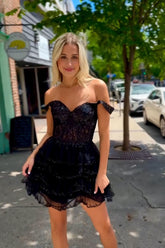 Black Homecoming Dress Corset Ruffled Short Prom Dress With Lace